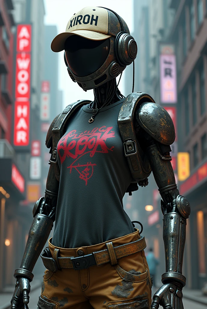 Cyberpunk robot with cap where XiroH text is written in graffiti style with street wear clothes 4k realistic unreal engine 5 detailed maximum resolution