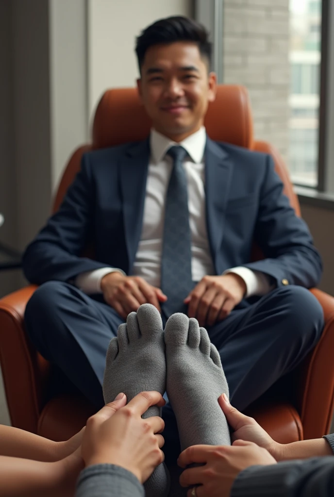 Malay 25 years steward from Malaysia Airline
Suit and tie 
Feet on desk
5 toes each feet 
2 man massage his  feet
Grey  sock on his feet