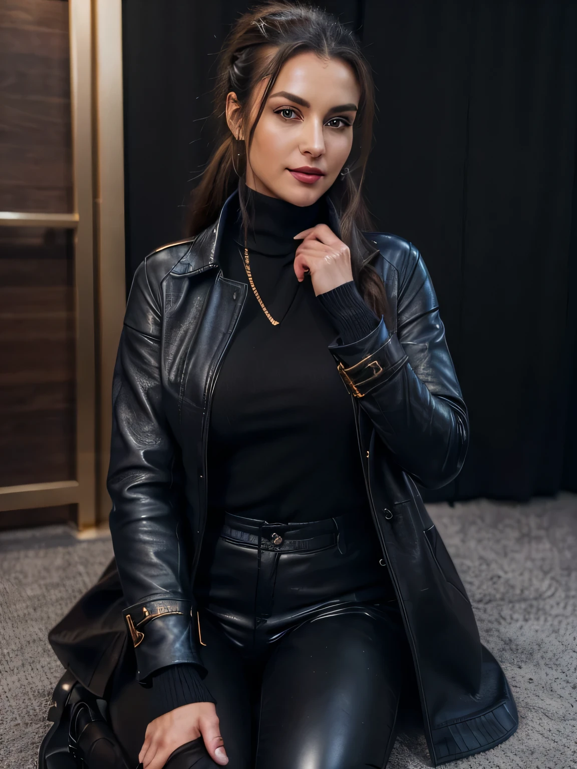 photo of a completly clothed prime minister of parliament woman with a smile ( no nudity) ,waitin for the man she loves , monica bellucci at 32 , ((incredibly clear clear blue eyes )) (( flirting with the camera)) (( smart smiling lookin at the camera)) (( red lipstick)) (( Monica is dressed with a very long near feet and large black leather long coat over a blue tellier jacket blue turtleneck sweater , gold chain, and black leather pants inside the boots,:1.2 )) (( black soft stiletto pirate high knee Leather boots )) (( black ponytail hair)) (( black soft gloves )) (( standing with a cofee in her hands )) (( Sport bags on her shoulders)) (( the photo is from up front worms eyes view )) 4k 8k ultradetailed, kodak print, detailed realistic face, 4k 8k ultradetailed, smooth images, realistic woman, detailed eyes, detailed face, detailed lips