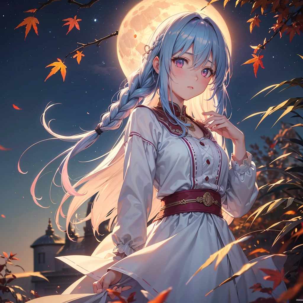 (Braiding hair),(Sky blue medium hair), (Pink eyes),(Fair skin)  ,(whole body),(One Girl),(harvest moon),(A large amount of Miscanthus sinensis in the background),autumn,(full moon),(masterpiece, Highest quality, Very detailed, Best Shadow), (Detailed Background), (Beautifully detailed face), High Contrast, (Best lighting, Very delicate and beautiful), ((Cinematic Light)), Hyper Detail,8k, Dramatic Light, Intricate details,Autumn leaf viewing,