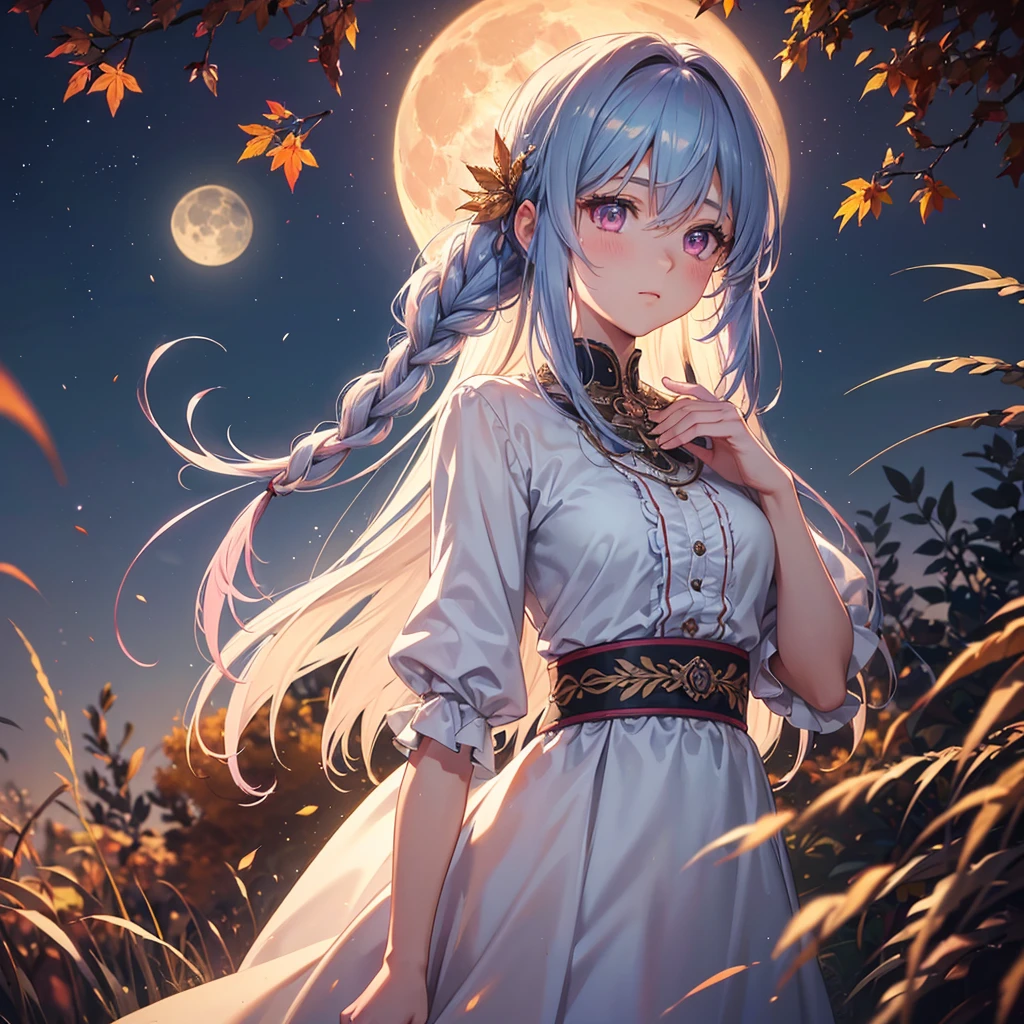 (Braiding hair),(Sky blue medium hair), (Pink eyes),(Fair skin) ,(whole body),(One Girl),(harvest moon),(A large amount of Miscanthus sinensis in the background),autumn,(full moon),(masterpiece, Highest quality, Very detailed, Best Shadow), (Detailed Background), (Beautifully detailed face), High Contrast, (Best lighting, Very delicate and beautiful), ((Cinematic Light)), Hyper Detail,8k, Dramatic Light, Intricate details,Autumn leaf viewing,