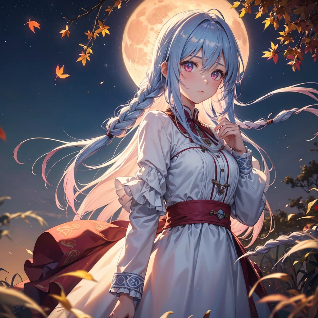 (Braiding hair),(Sky blue medium hair), (Pink eyes),(Fair skin) ,(whole body),(One Girl),(harvest moon),(A large amount of Miscanthus sinensis in the background),autumn,(full moon),(masterpiece, Highest quality, Very detailed, Best Shadow), (Detailed Background), (Beautifully detailed face), High Contrast, (Best lighting, Very delicate and beautiful), ((Cinematic Light)), Hyper Detail,8k, Dramatic Light, Intricate details,Autumn leaf viewing,