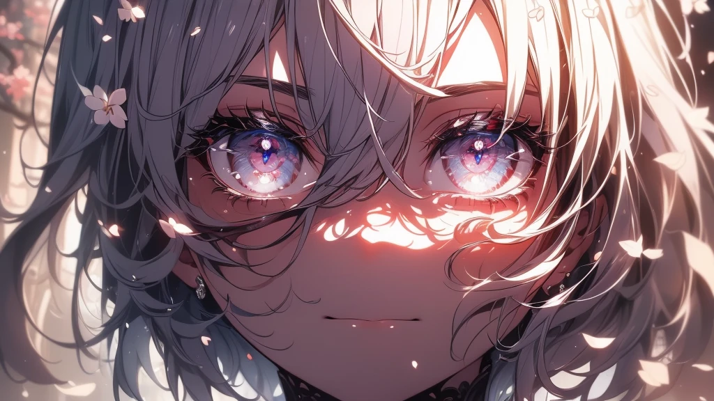 ((8k resolution))、((Highest quality))、((masterpiece))、((Very detailed))((((dramatic))), (((Rough feeling))), (((intense)))Focus on the face、tattoo、Clear Shadows、Vibrant, front,flower々background、Rich colors,Be confident,coil,scene,Boldness,to attract attention,Smart、tendency、I focus,Gray Hair,Short Bob、Scattering cherry blossoms