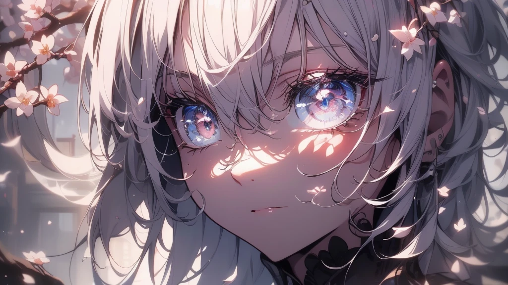 ((8k resolution))、((Highest quality))、((masterpiece))、((Very detailed))((((dramatic))), (((Rough feeling))), (((intense)))Focus on the face、tattoo、Clear Shadows、Vibrant, front,flower々background、Rich colors，Be confident，coil，scene，Boldness，to attract attention，Smart、tendency、I focus,Gray Hair,Short Bob､Scattering cherry blossoms