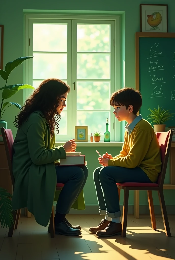 I want to create a poster. It should be realistic beautiful teacher teaching student , sitting on chair , wearing coat ,long curly hair, indoors, soft lighting, board in background, window with sunlight, cozy room, relaxed pose, realistic, intricate details, green colors, green template
Efforts should be seen in the poster