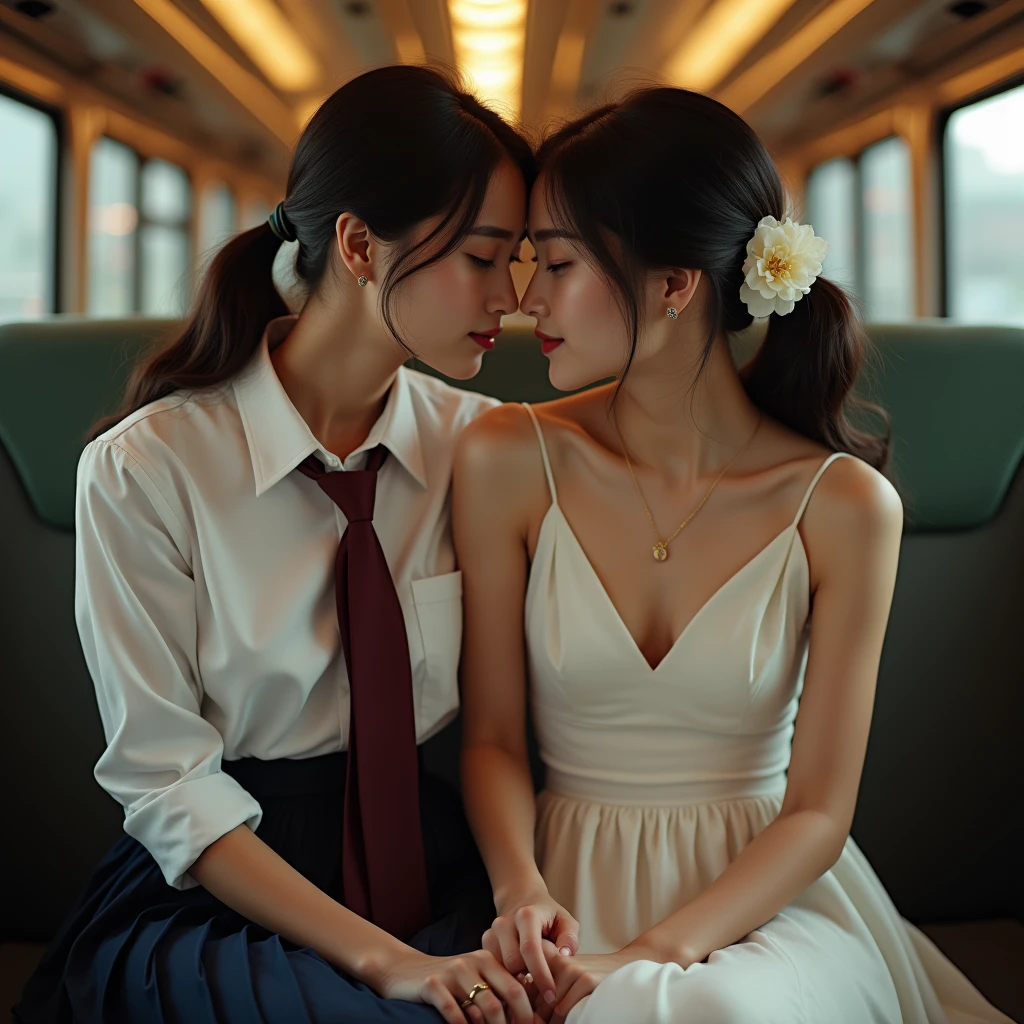 (masterpiece, best quality, the most important work:1.2), 8k, , 85mm, official art, raw photo, absurd Res, white dress shirt, pretty face, close up, upper body, violaceus, gardenias, beautiful girl, , (navy pleated skirt:1.1), cinch waist, thighs, short sleeve, in train, sitting on bench seat, looking at viewer, no makeup, (smile:0.4), film grain, chromatic aberration, sharp focus, firelight, clear lighting, teentailed face, bokeh background, (dark red necktie:1.1), (perfect anatomy, perfect hands), (two young girls is deeply in love with each other, kiss:1.5)