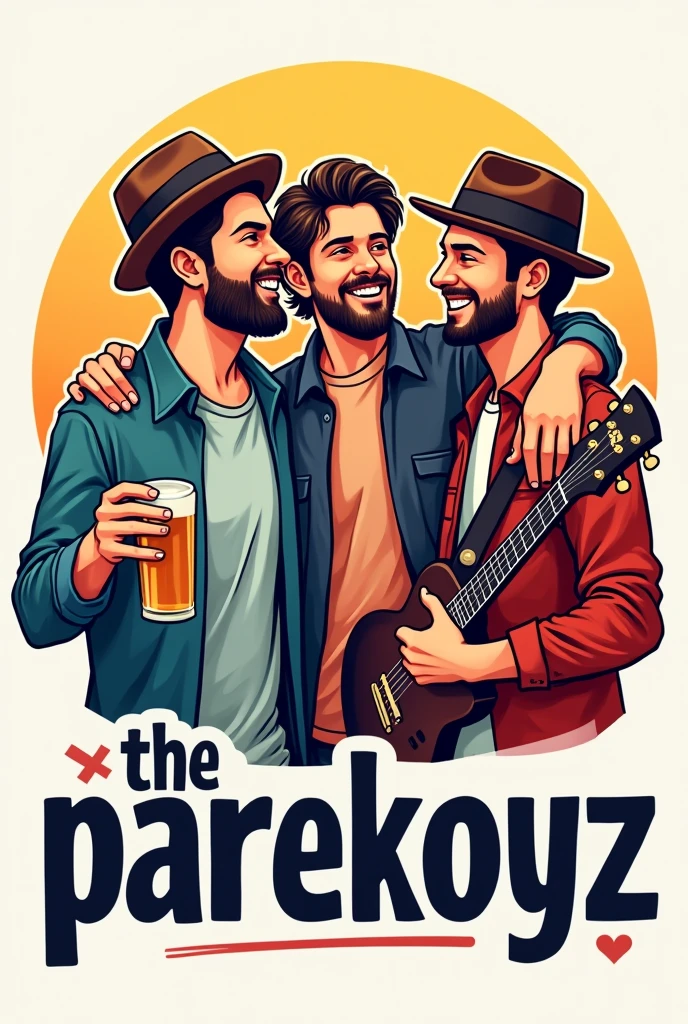 logo of three male friends, one holding a glass of beer, the other holding a guitar, the one in the middle has a mole on his cheek, then there are hats and below the logo there is the lettering The Parekoyz
