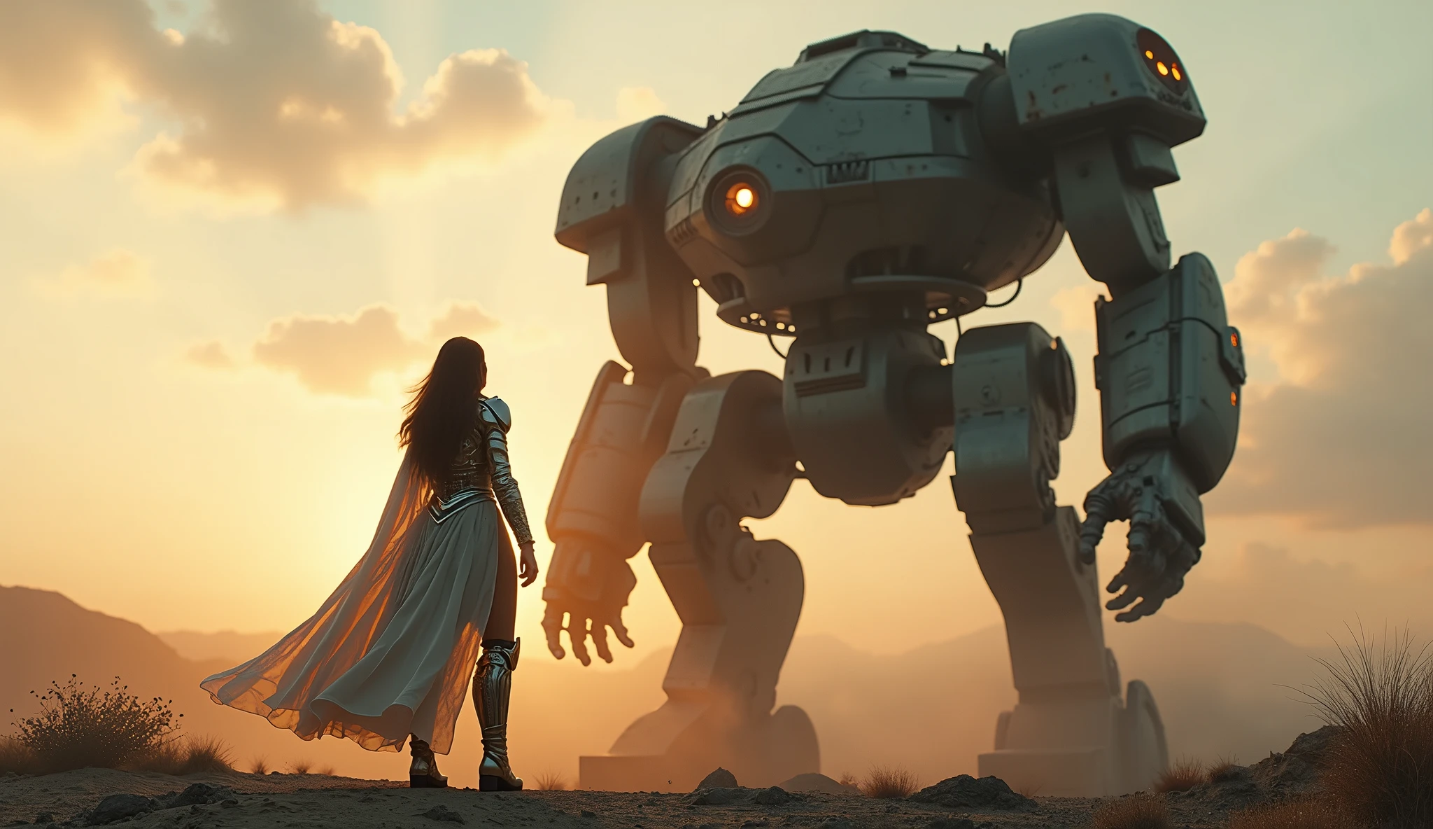(masterpiece, UHD. Photorealistic. Analog photography.1950 style.) in a dystopian Neo retro futuristic world. (Facing view) An ultra hot gorgeous European woman. Age 23. Epic cleavage (100e size). A warrior in luminous armor battles a mechanical 1930 clunky and rusty colossus evil war robot with glowing eyes in a desolate wasteland. Late evening light.