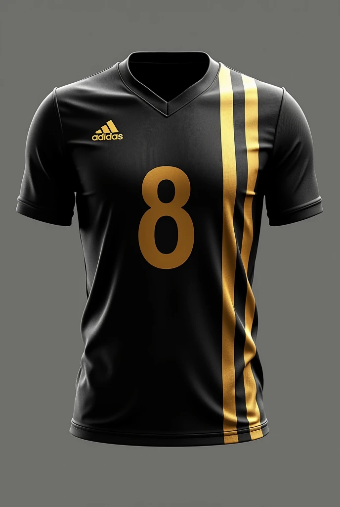 Create a sleek high school Olympics jersey in black, accented with a gold gradient effect. The player number is large and centered in a bold gold font, with subtle, vertical golden lines cascading from the shoulders to the hem, giving a sense of height and agility. A small golden logo is placed on the upper left side. The design should combine simplicity with a touch of elegance and modern flair.