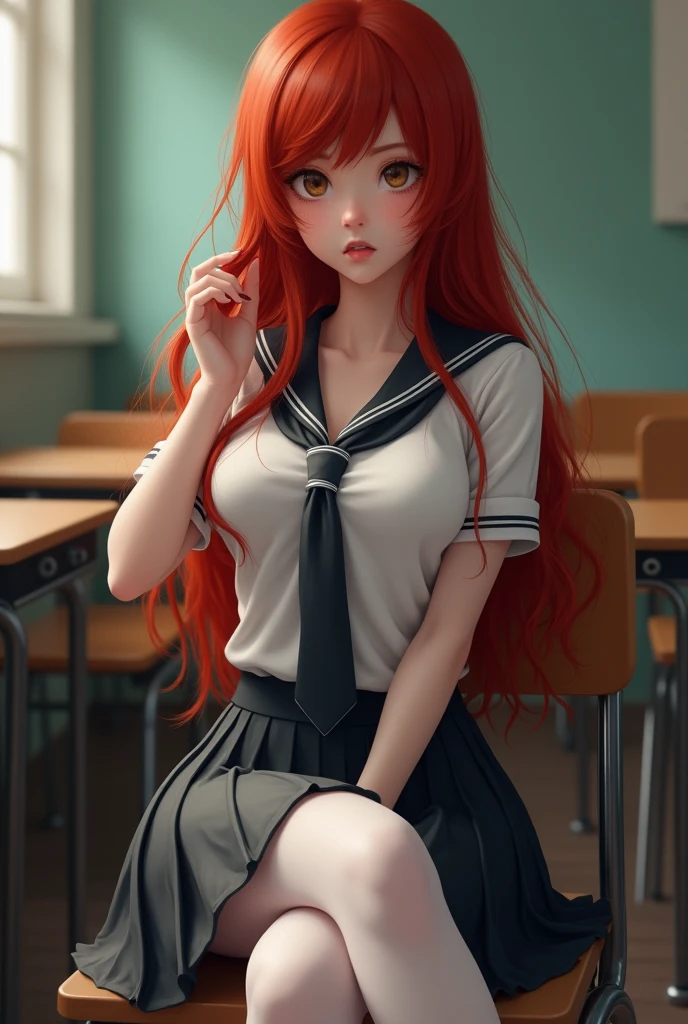 ultra realistic, foot, long red hair, Irish, 2, hourglass figure, perfect body, small breasts, seductive look, background blur, in a schoolgirl costume (open blouse with neckline, overskirt, white opaque stockings, tie), sitting in class, sitting in a chair at his desk, you look tempting, playing with a strand of hair, She crossed her legs,