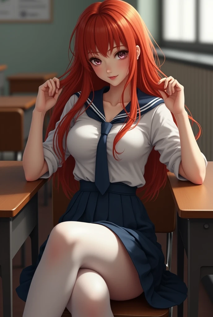 ultra realistic, foot, long red hair,  Irish, 2, hourglass figure, perfect body, small breasts, seductive look, background blur, in a schoolgirl costume (open blouse with neckline, overskirt, white opaque stockings, tie), sitting in class, sitting in a chair at his desk, you look tempting, playing with a strand of hair, She crossed her legs, 