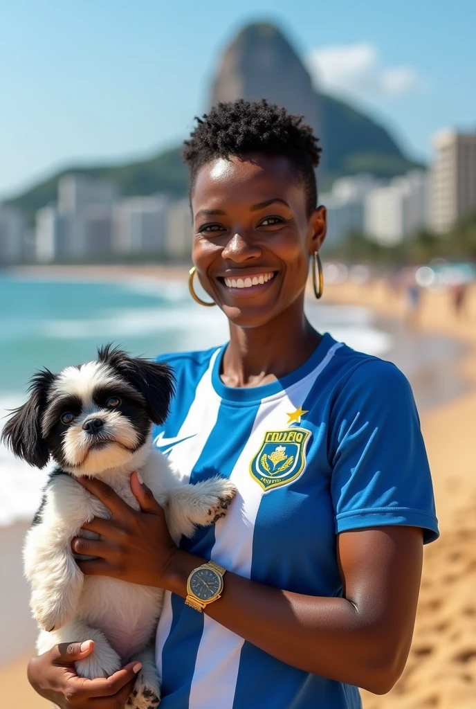 A 50-year-old Black woman, with very short hair and black color, On Copacabana beach. she is smiling, wearing a Cruzeiro team shirt, blue and white. holds a small shitzu dog, black andwhite