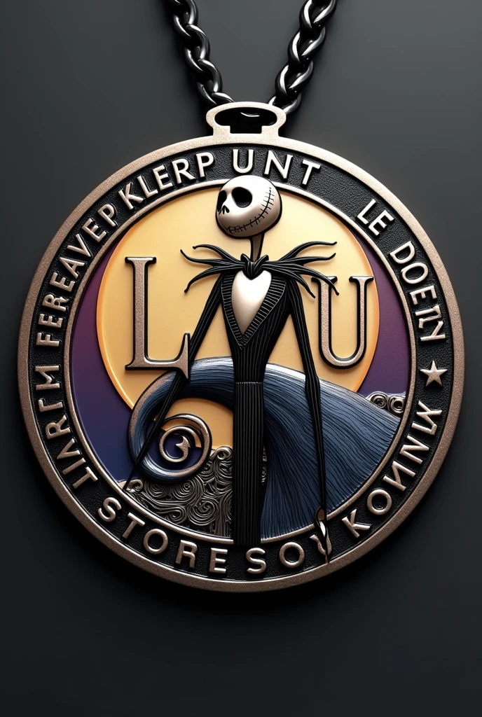 Round winged medal in metal with Jack Skellington in the background also in metal with the initials LMU in the center and the phrase "Leaders of the world #493" in the outline