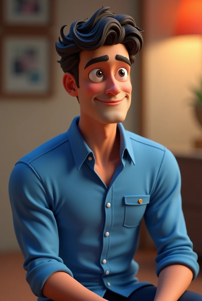 Cartoon character of a man in a blue dress shirt without a pocket, curlier and shorter hair, an animated character, stylized character, animation style rendering, 3d stylized, Arnold Maya rendering, Stylized 3D rendering, toon render screenshot, 3d character, 3d character, Stylized 3D rendering, 3D character rendering, cartoon character, Personagem de close up, character posing, (Pixar-style) (master part:1.2) (bokeh) (best qualityer) (skin detailed) (detailed texture) (8k) (Argilla) (cinematic lighting) (sharp focus，Sit down and lift your upper body