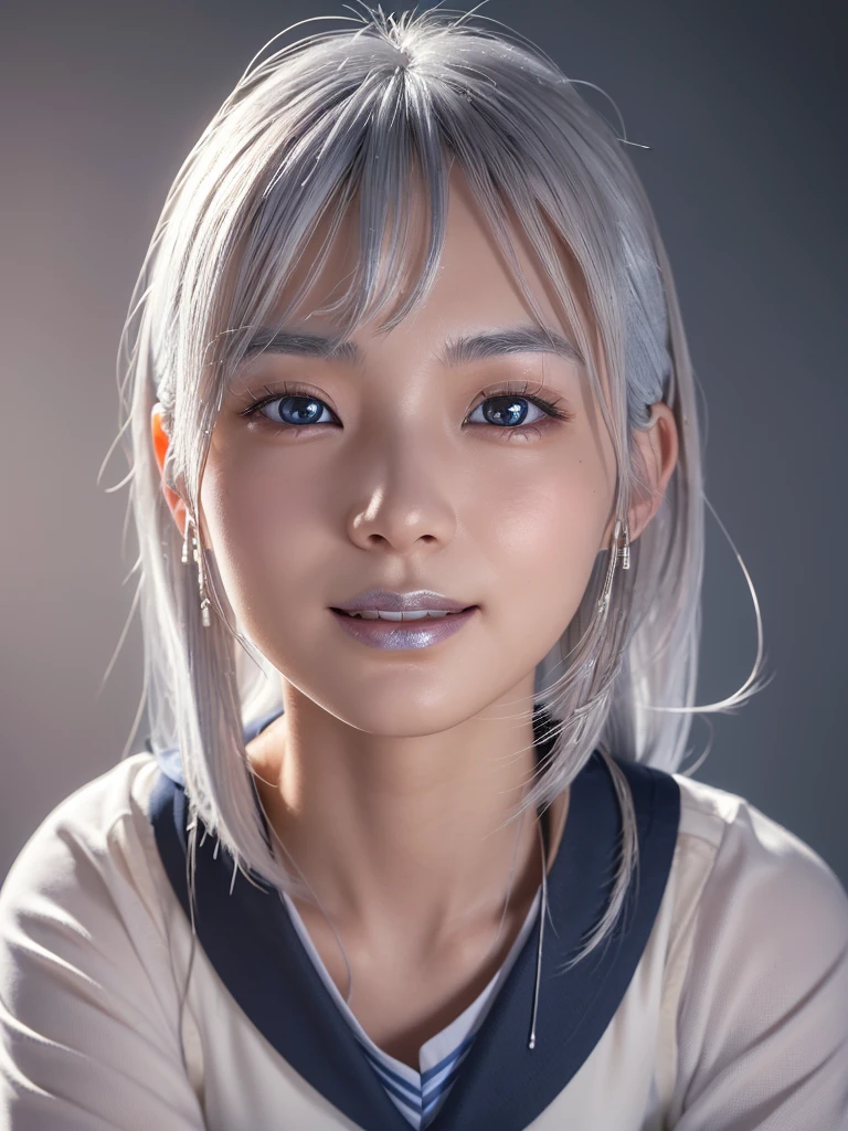 NSFW,Correct human anatomy、(a ultra cute beautiful Japanese girl wearing school uniform:1.5),(charming smile:1.25),large clear light blue eyes,droppy eyes,balanced eyes,transparent white skin,(silver hair:1.5),photorealistic, 8k, ultra-detailed, masterpiece, realistic, vivid colors, beautiful detailed eyes, beautiful detailed lips, extremely detailed face, intricate details, hyper realistic, cinematic lighting, dramatic shadows, stunning composition, intense atmosphere, highly detailed skin, exquisite facial features, volumetric lighting, raytraced global illumination, physically-based rendering, professional digital art,high resolution fix,(sexual climax:1.5)