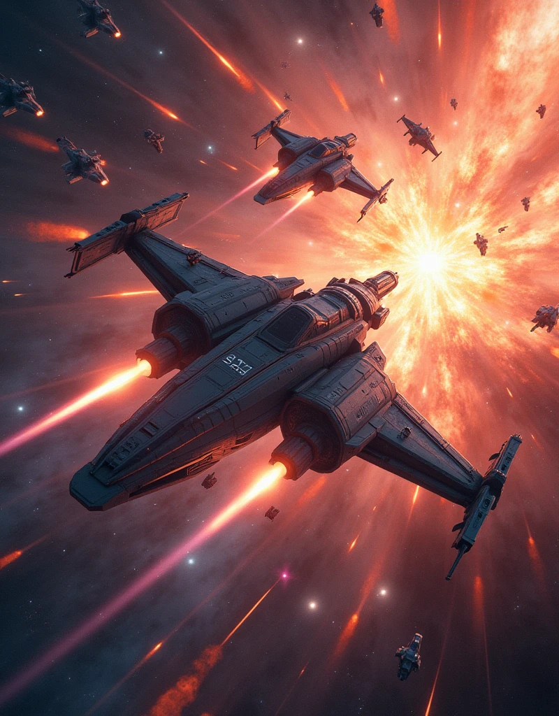 A cosmic battle in deep space with massive starships exchanging fire amidst a backdrop of swirling nebulae and distant stars. Alien heroes pilot their advanced ships, and the scene is filled with vibrant colors and explosive energy. The battle is intense, with laser beams, explosions, and the debris of destroyed vessels floating in the void. The scene captures the vastness and the epic scale of intergalactic warfare. –v 5 –q 2 –ar 16:9 –stylize 625”