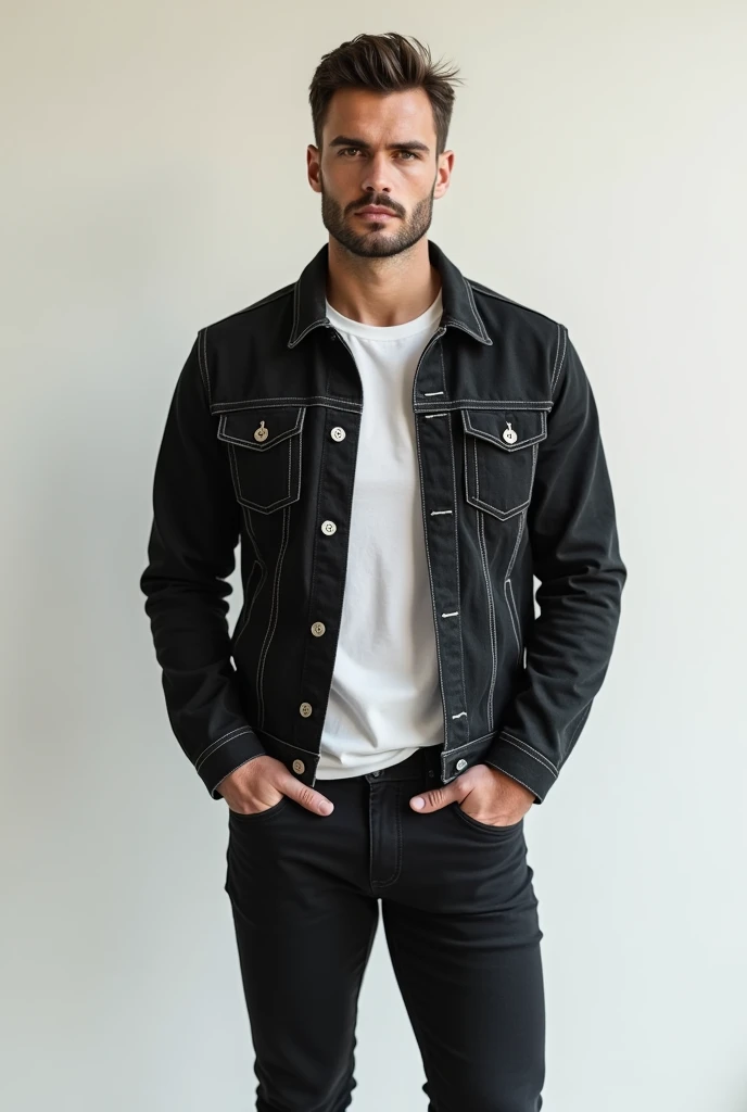 Man in black jeans & white shirt with black jeans jacket
