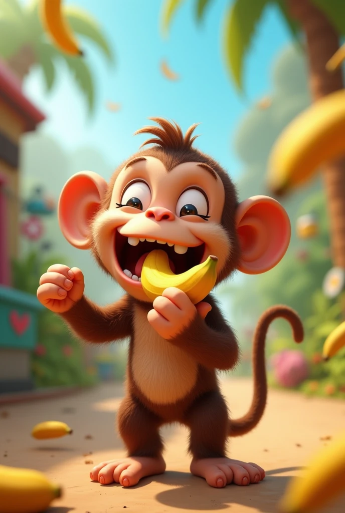 Monkey eating banana from video game and spitting it out