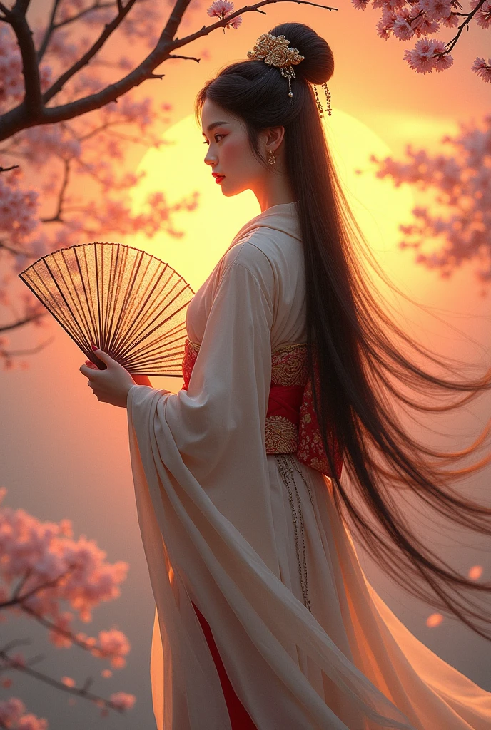 scene with the Japanese goddess Amaterasu. he must be quite white asian, have black hair, the eyes must shine like sunlight, must wear traditional Japanese clothing and hold a fan in one hand . She will be in a landscape with cherry trees and a sunrise behind her.