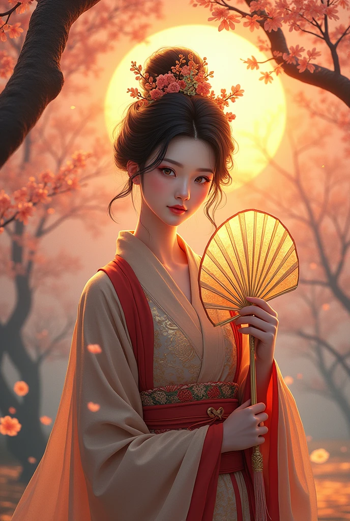 scene with the Japanese goddess Amaterasu. he must be quite white asian, have black hair, the eyes must shine like sunlight, must wear traditional Japanese clothing and hold a fan in one hand . She will be in a landscape with cherry trees and a sunrise behind her.
