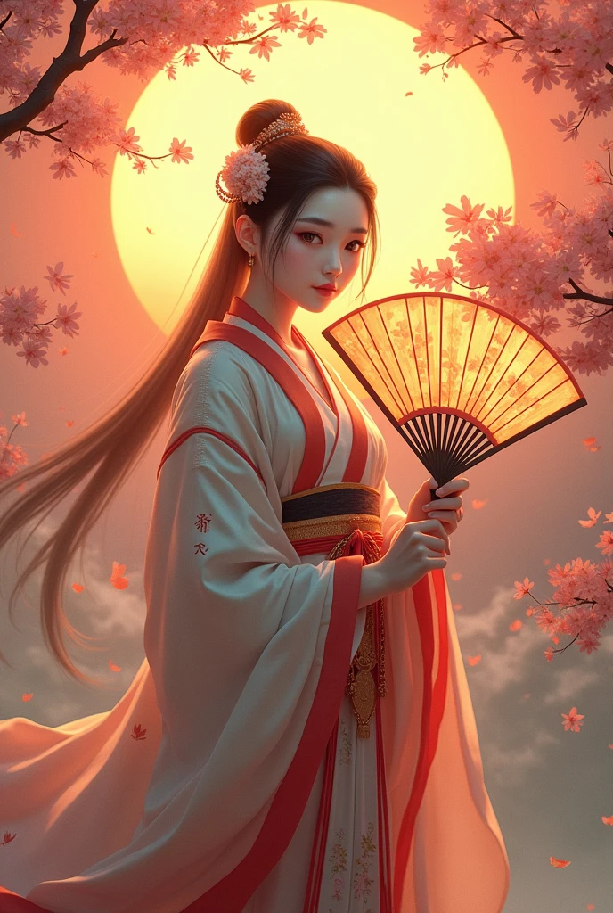 scene with the Japanese goddess Amaterasu. he must be quite white asian, have black hair, the eyes must shine like sunlight, must wear traditional Japanese clothing and hold a fan in one hand . She will be in a landscape with cherry trees and a sunrise behind her.