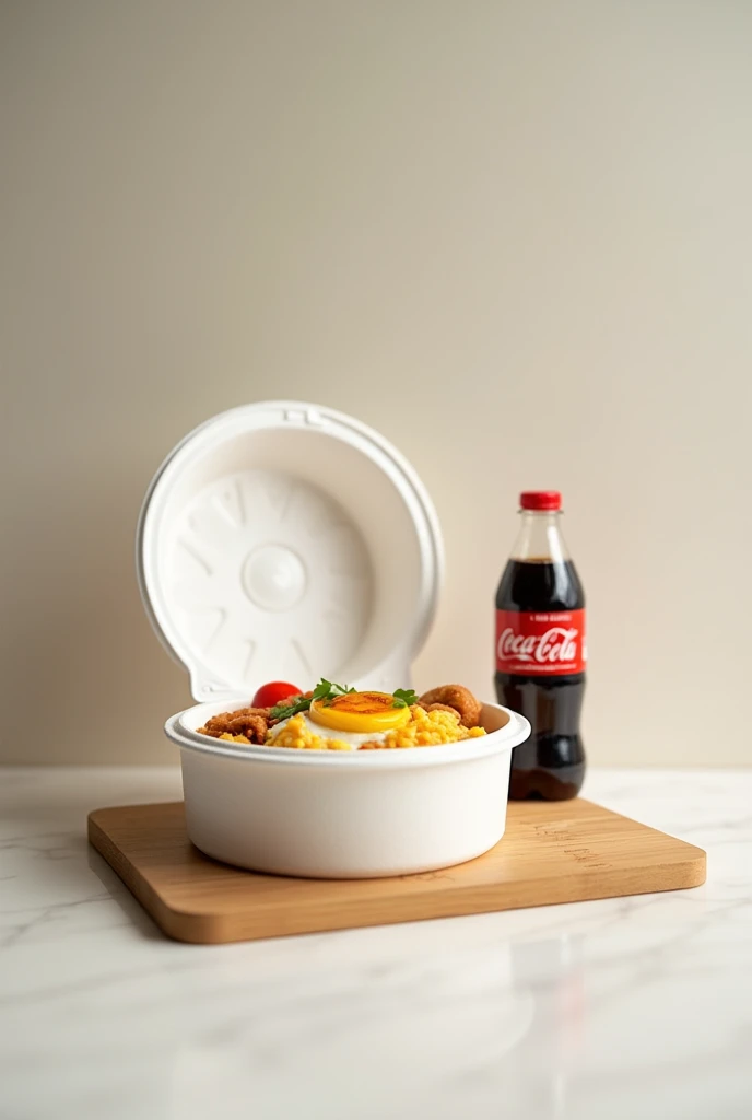 Create an iPhone quality image showing a meal of breakfast on a table in a round white polystyrene lunch box. The composition must include: White polystyrene round thermal lunch box: In the center of the image, A round thermal lunch box made of white polystyrene., well closed and visible. Food from the northwest of El Salvador Coca Cola bottle: Coloque uma garrafa plástica de Coca-Cola de 250ml ao lado dThe lunch box, with the label clearly visible. The bottle must be clean and in a position that highlights the label and must be in plastic packaging.... Lighting and framing: Use soft natural lighting to enhance the freshness of food.. The background should be neutral or contrast with the food..., as a white background or light surface. Frame the image to clearly show all the elements.: The lunch box, Food and Coca-Cola bottle. Use the rule of thirds for a balanced composition. edition: Adjust the brightness and contrast to ensure that the food looks appetizing and the image is clear... Make sure the image is in high resolution to highlight all the details... The image should convey the feeling of delight., Fresh homemade food., Ideal for a food delivery platform..