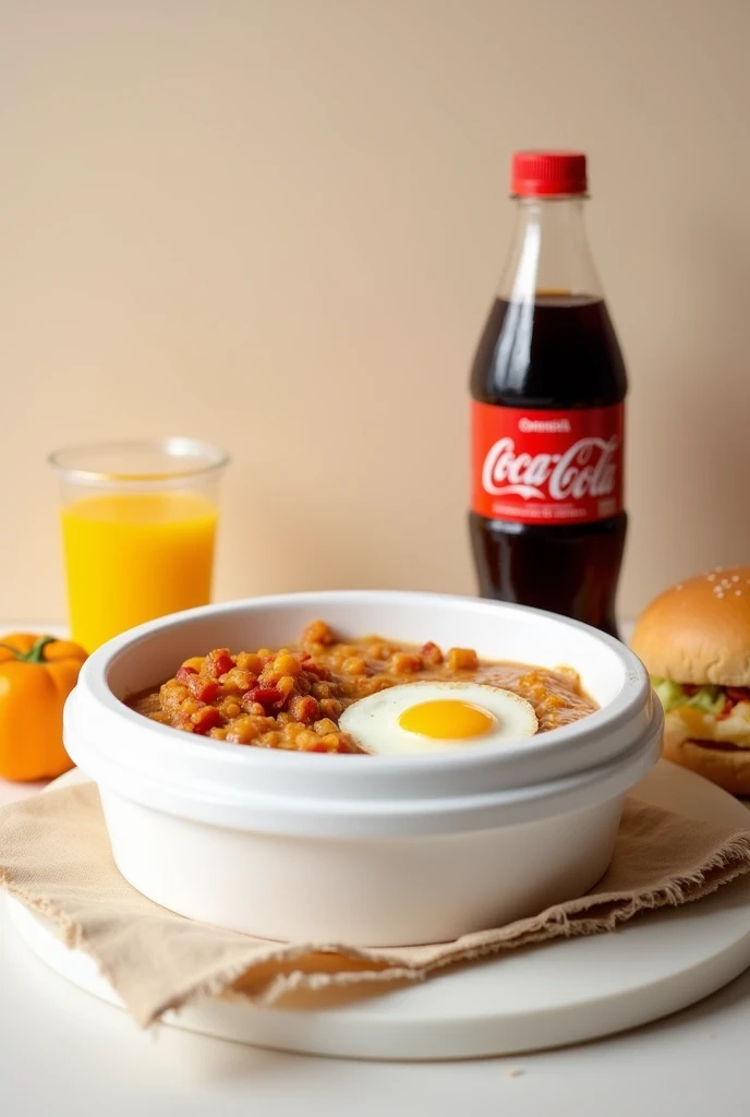 Create an iPhone quality image showing a meal of breakfast on a table in a round white polystyrene lunch box. The composition must include: White polystyrene round thermal lunch box: In the center of the image, A round thermal lunch box made of white polystyrene., well closed and visible. Food from the northwest of El Salvador Coca Cola bottle: Coloque uma garrafa plástica de Coca-Cola de 250ml ao lado dThe lunch box, with the label clearly visible. The bottle must be clean and in a position that highlights the label and must be in plastic packaging.... Lighting and framing: Use soft natural lighting to enhance the freshness of food.. The background should be neutral or contrast with the food..., as a white background or light surface. Frame the image to clearly show all the elements.: The lunch box, Food and Coca-Cola bottle. Use the rule of thirds for a balanced composition. edition: Adjust the brightness and contrast to ensure that the food looks appetizing and the image is clear... Make sure the image is in high resolution to highlight all the details... The image should convey the feeling of delight., Fresh homemade food., Ideal for a food delivery platform..