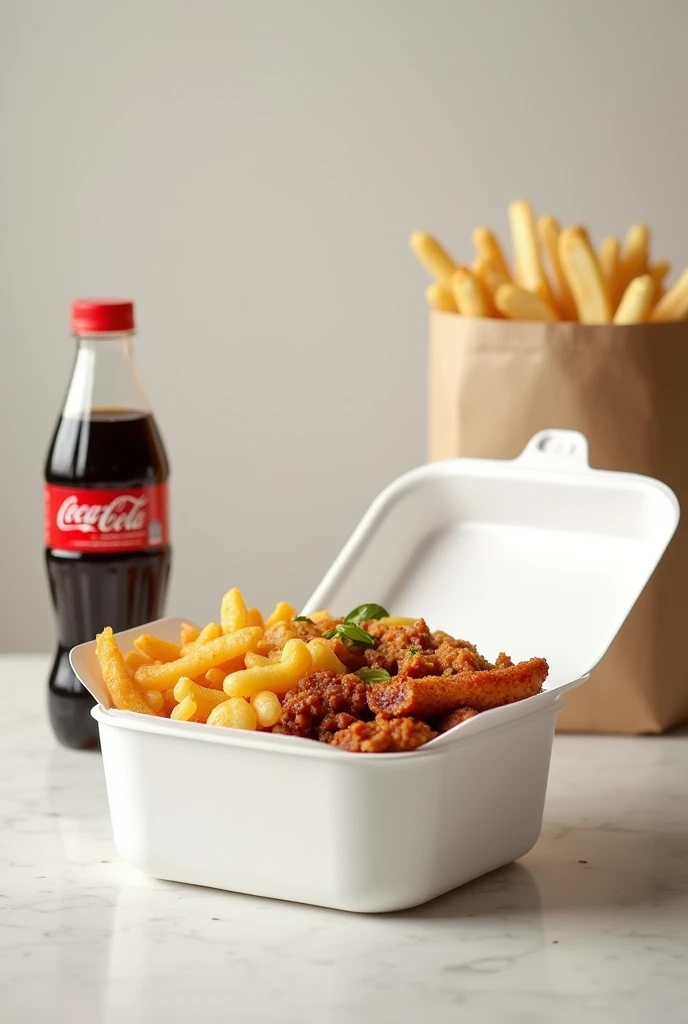 Create an iPhone quality image showing a meal of breakfast on a table in a round white polystyrene lunch box. The composition must include: White polystyrene round thermal lunch box: In the center of the image, A round thermal lunch box made of white polystyrene., well closed and visible. Food from the northwest of El Salvador Coca Cola bottle: Coloque uma garrafa plástica de Coca-Cola de 250ml ao lado dThe lunch box, with the label clearly visible. The bottle must be clean and in a position that highlights the label and must be in plastic packaging.... Lighting and framing: Use soft natural lighting to enhance the freshness of food.. The background should be neutral or contrast with the food..., as a white background or light surface. Frame the image to clearly show all the elements.: The lunch box, Food and Coca-Cola bottle. Use the rule of thirds for a balanced composition. edition: Adjust the brightness and contrast to ensure that the food looks appetizing and the image is clear... Make sure the image is in high resolution to highlight all the details... The image should convey the feeling of delight., Fresh homemade food., Ideal for a food delivery platform..