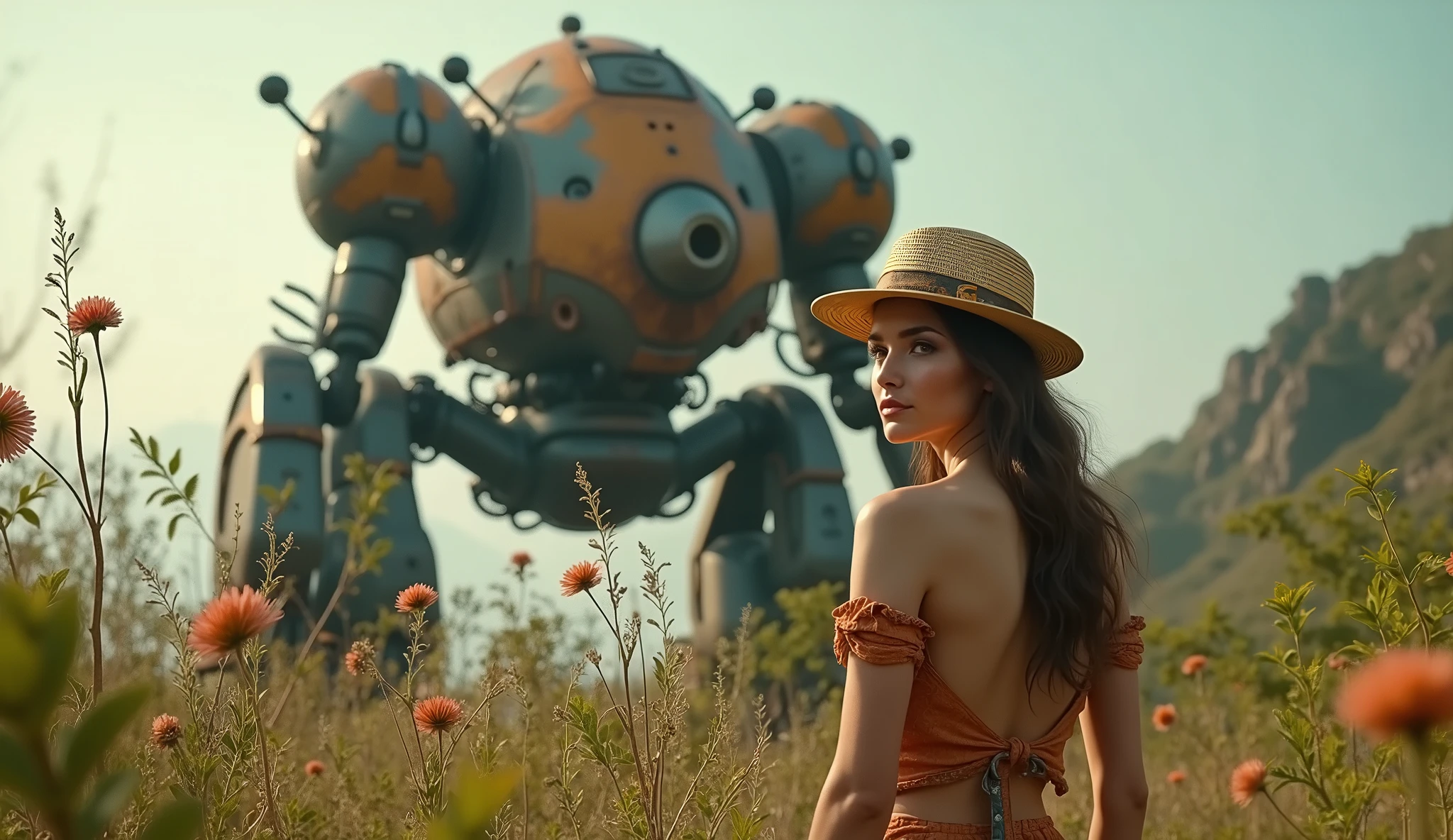 (masterpiece, UHD. Photorealistic. Analog photography.1950 style.) in a dystopian Neo retro futuristic world. (Facing view) An ultra hot gorgeous European woman. Age 23. Epic cleavage (100e size). Dressed like a 1930 adventuress explorer. She studies flora and fauna In the wilderness. 1930 clunky and rusty giant evil war robot with glowing eyes in the background.early morning light.