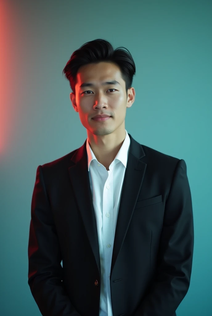 A young man with dark comb hair with a oval face. He is dressed in a black blazer over a white shirt. The man is positioned against aqus colour backdrop with a subtle red lighting on the left side and he posing for linkden profile.