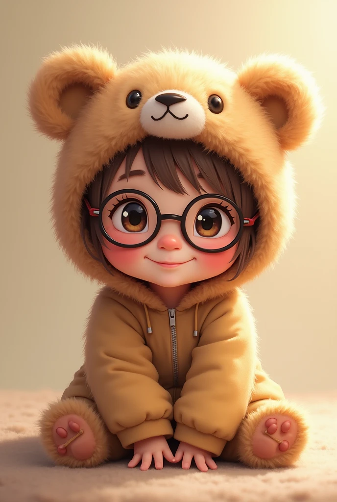 don't fly, with rosy cheeks, with light brown hair, eyes black, Grinning, sitting on the floor, with teddy bear cap and glasses