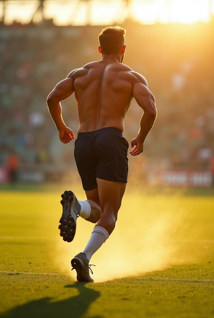 An athlete runing on a pitch with sunlight pic was taken from behind