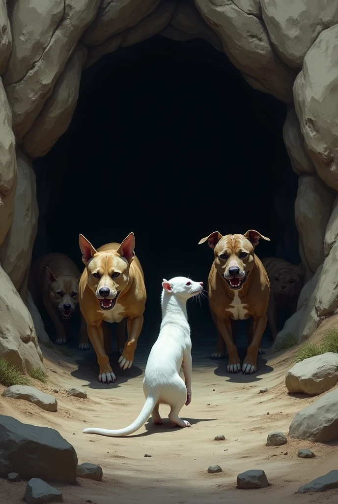 small white stoat outside a dead-end cave surrounded by several pitbull dogs