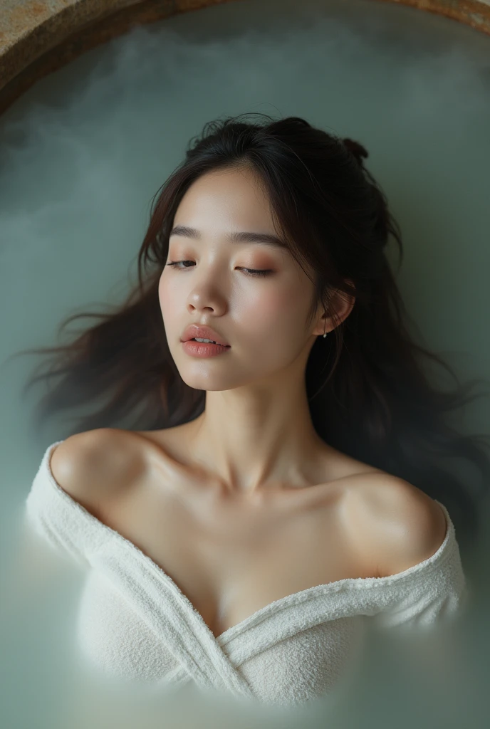 a beautiful young Thai woman, 18-20 years old, long hair, breasts size 38, lying on her back in an onsen hot spring, towel covering her body, serene expression, extremely detailed face and eyes, delicate facial features, flawless skin, gorgeous lighting, natural colors, detailed water ripples, steam rising, peaceful atmosphere, photorealistic, 8k, high resolution, masterpiece