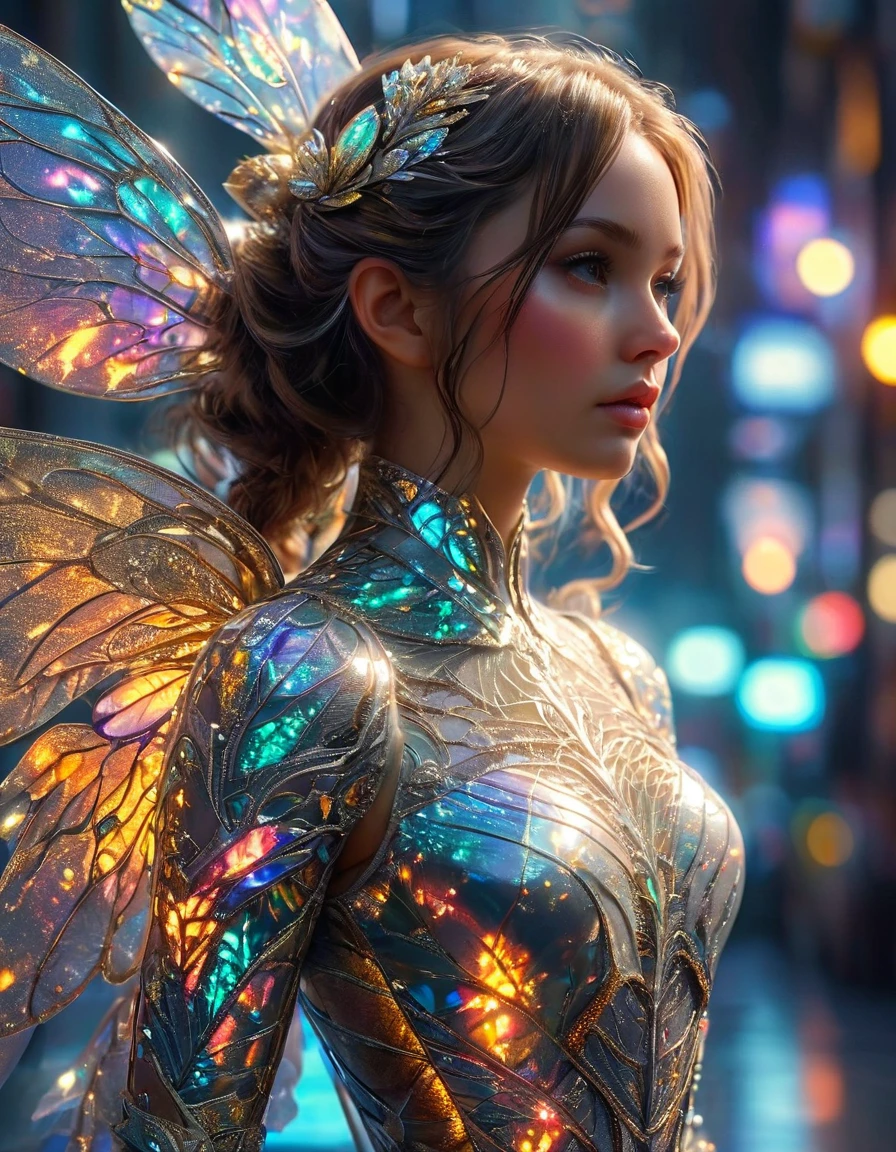 In a decaying metropolis, a retro-futuristic fairy shines in opulent, half-length grandeur. Imagine her in a detailed digital painting, her metallic wings reflecting neon lights in a mesmerizing display. Her delicate armor adorned with shimmering silver and gold, intricate circuitry patterns intertwined with delicate lace embroidery. The image exudes a sense of timeless elegance, capturing a seamless blend of past and future in a single captivating moment.