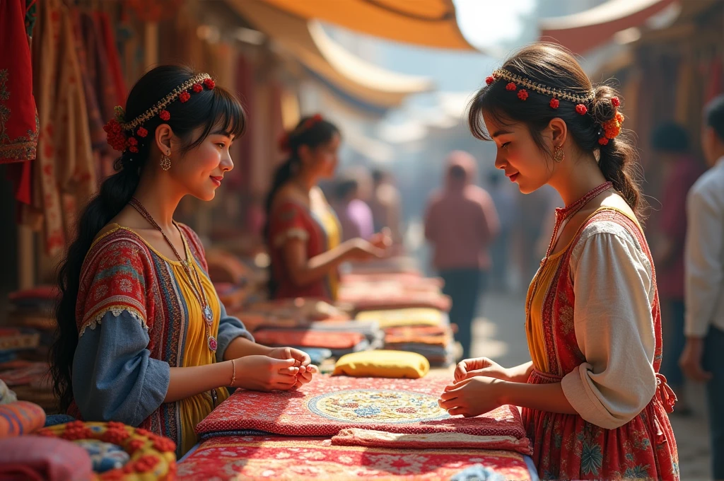 A craft market with two women selling embroidery, fabrics and a young man buying