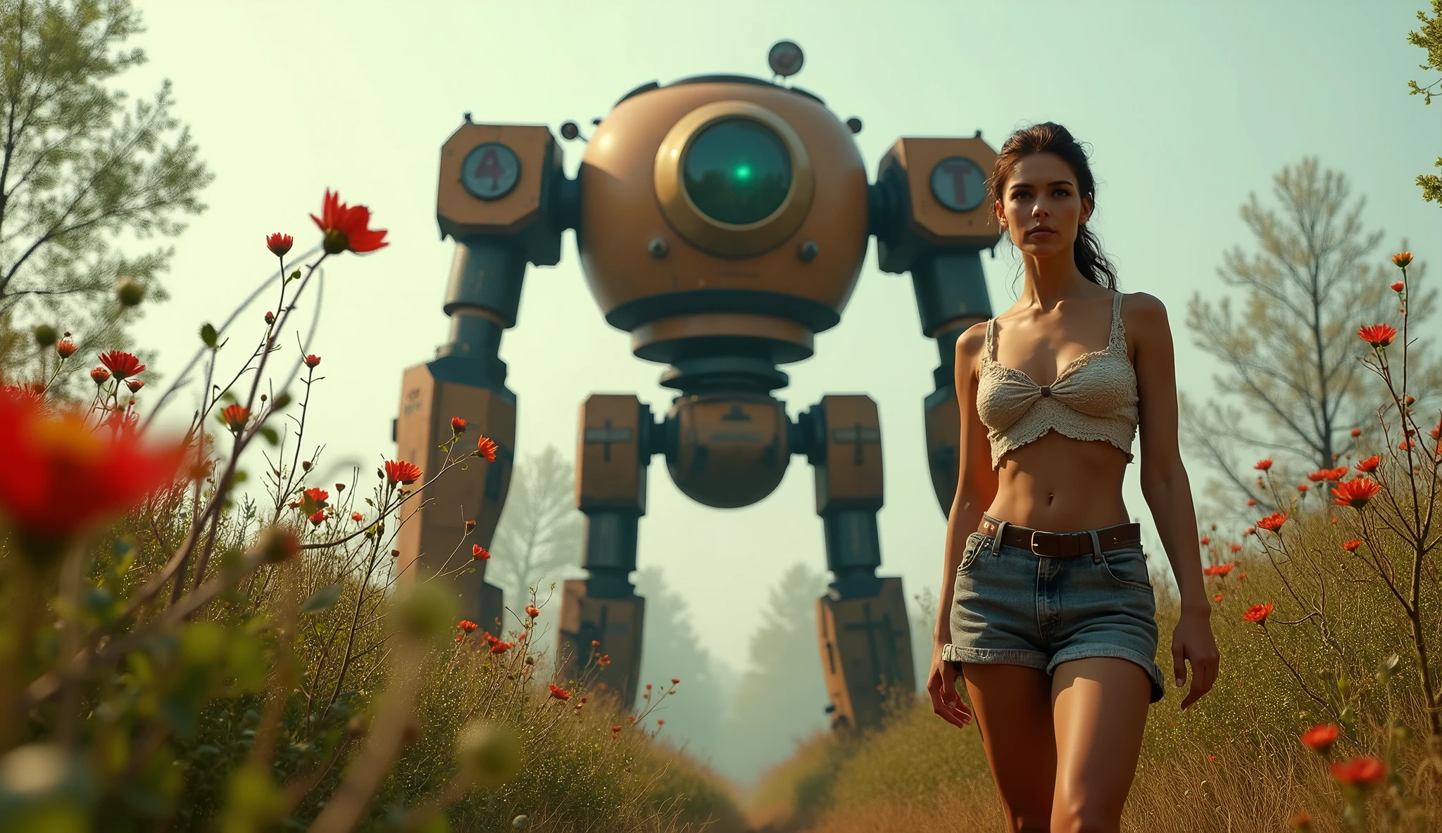 (masterpiece, UHD. Photorealistic. Analog photography.1950 style.) in a dystopian Neo retro futuristic world. (Facing view) An ultra hot gorgeous European woman. Age 23. Epic cleavage (100e size). Dressed like a 1930 adventuress explorer. She studies flora and fauna In the wilderness. 1930 clunky and rusty giant evil war robot with glowing eyes in the background.early morning light.