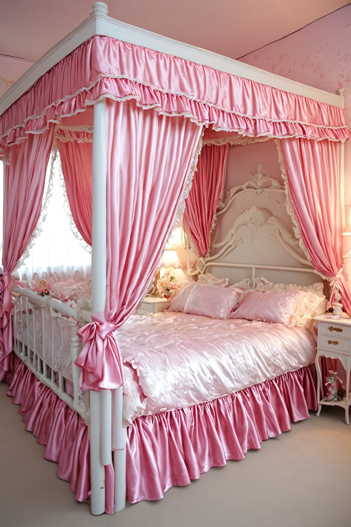 Beautifull 1girl on the bed,early age,detailed baby face,small face,a pink silk satin frilled blouse and skirt,medium dress,detailed ribbons,detailed lace petticoat,frilled sleeves,,a bed with a mountain of silk satin pillows,canopy bed,king size bed,more big bed,lot of silk satin frilled pillows,more pillows, A plump qulited silk satin soft devet,devet decorated ribbons, ruffles lace silk.retro white pipe bed frame, realistic, blue eyes, rolled long blond hear,
