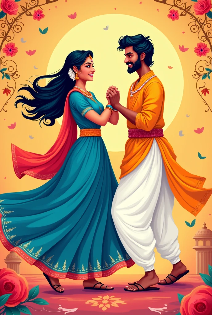Indian couple playing garba vector in blue