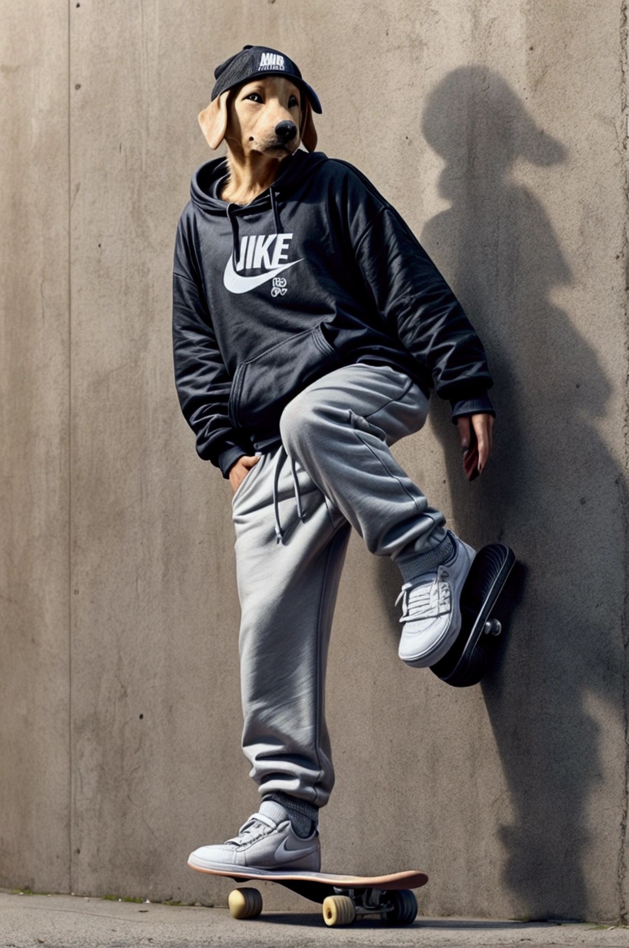 Yellow Labrador wearing baggy pants and sweatshirt with backwards cap and Nike SB sneakers doing a trick on a skateboard