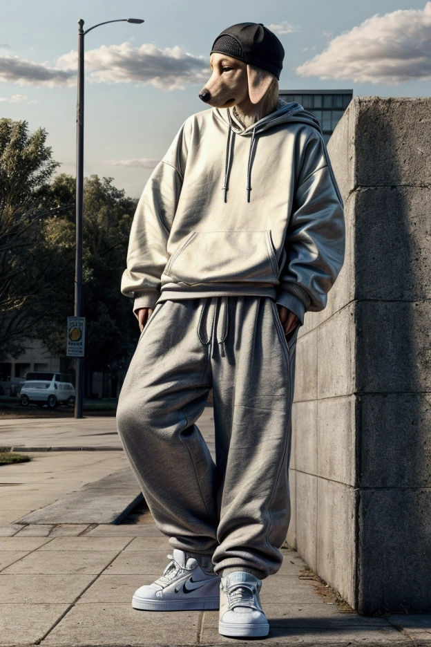 Yellow Labrador wearing baggy pants and sweatshirt with backwards cap and Nike SB sneakers doing a trick on a skateboard