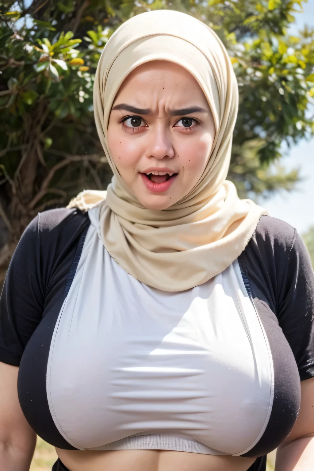 ((ANGRY FACE EXPRESSION:1.4)), SET BACK IN THE DESERT FOREST, (Naked SEXY brown Hole Sports Bra), Chubby adorable, 1 girl, (face to face), ((baby face)), SADNESS, half body portrait, (face details: 1), (eye details: 1), ((biggest breasts:1.5)). wearing transparent transparency soft soft, ((hijab)), .. Cute posed. proportional body. Ultra High Res. realistic: 1.4, UHD, ((CHUBBY BODY:1.3))