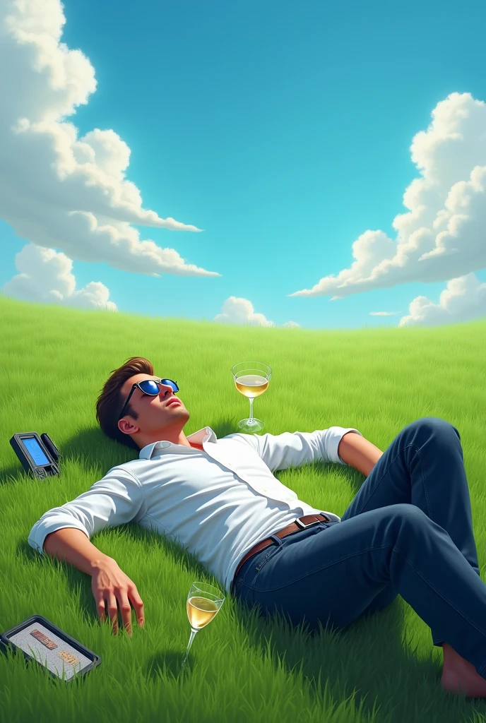 Create a cover for my Tech House set, try to draw a man lying on his back on a lawn with different clothes and drinks next to him 