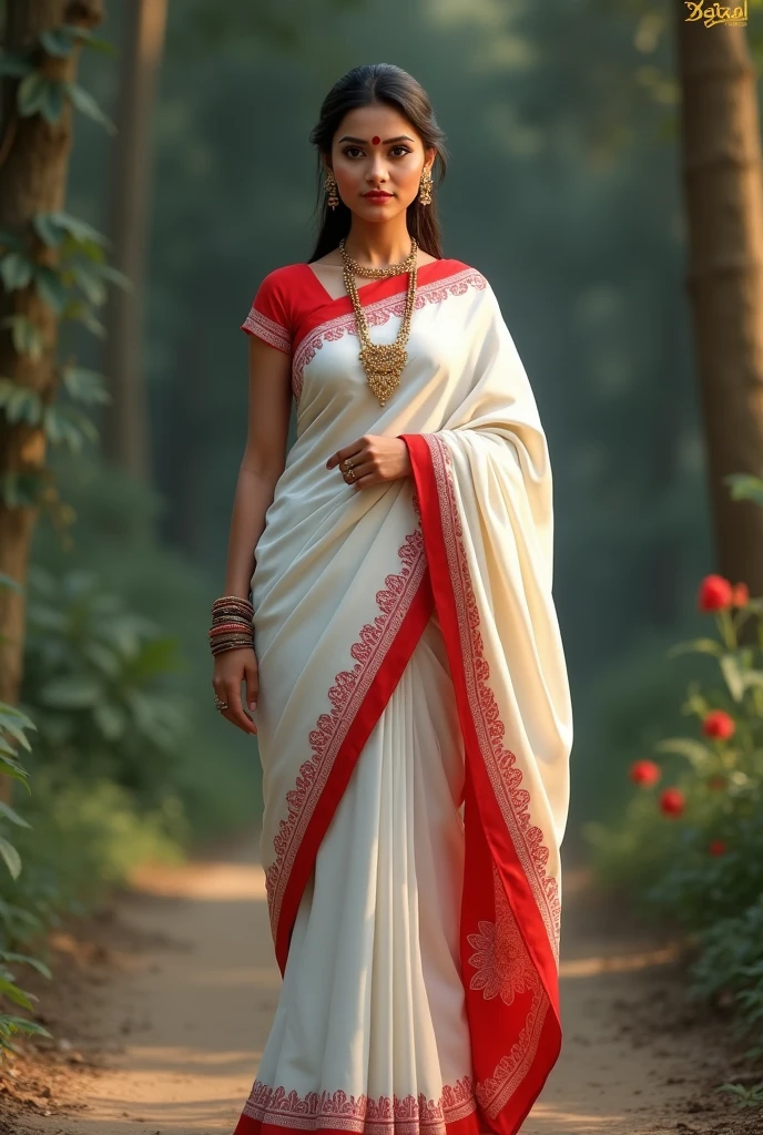 A beautiful woman in a white saree red border pallu on head with bindi Bengali style and a mole in her face standing full body displayed realistic