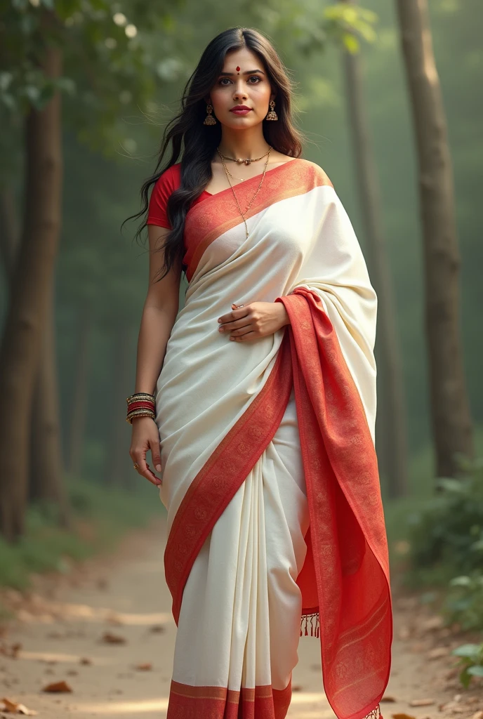 A beautiful woman in a white saree red border pallu on head with bindi Bengali style and a mole in her face standing full body displayed realistic