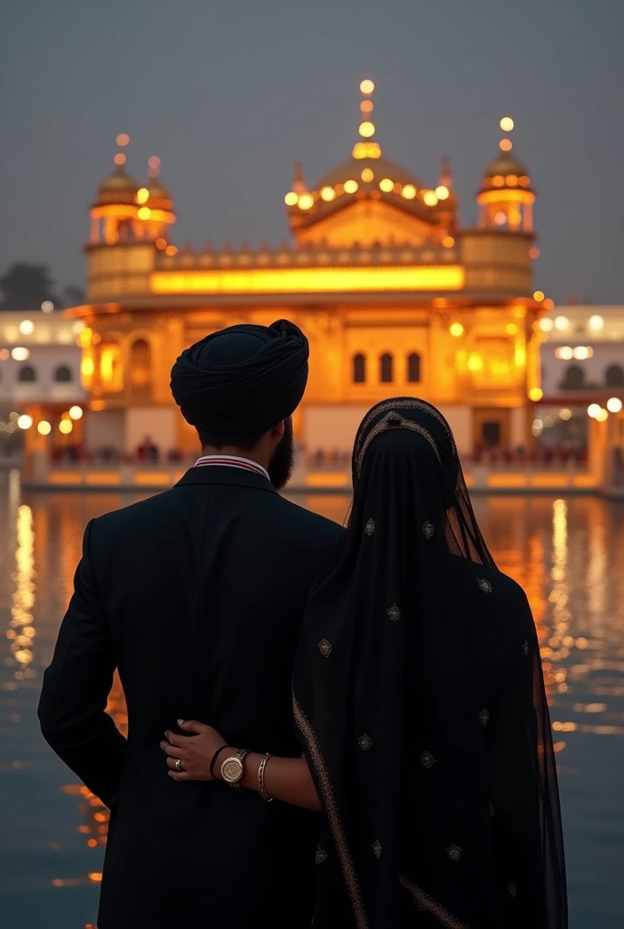 A turbaned sikh couple in black punjabi attire visiting golden temple at night