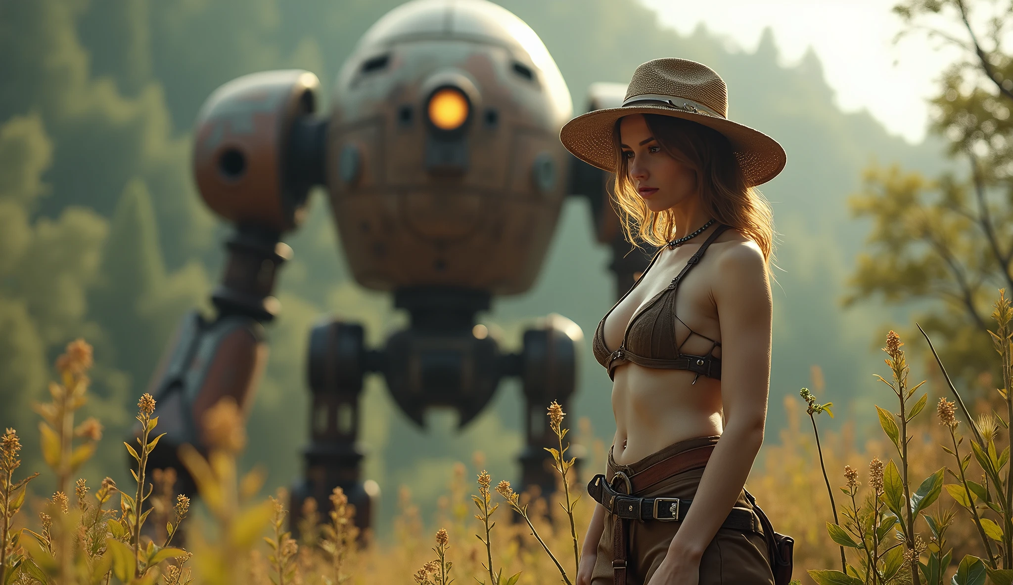 (masterpiece, UHD. Photorealistic. Analog photography.1950 style.) in a dystopian Neo retro futuristic world. An ultra hot gorgeous European woman. Age 23. Epic cleavage (100e size). Dressed like a 1930 adventuress explorer. She studies flora and fauna In the wilderness. 1930 clunky and rusty giant evil war robot with glowing eyes in the background.early morning light.