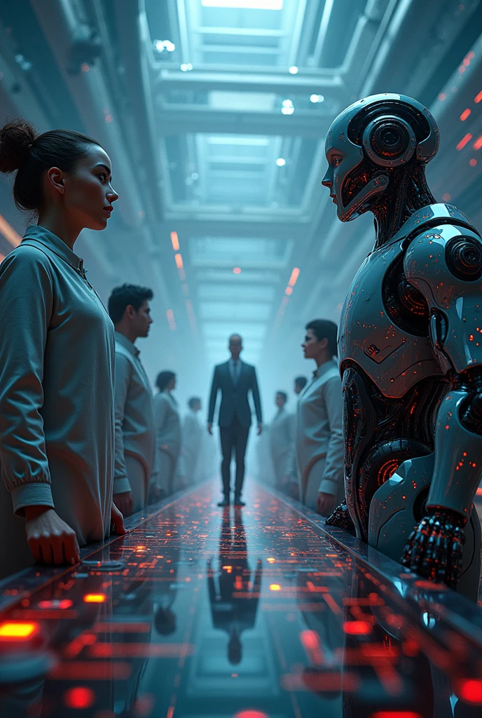 A policy document with icons of data protection and AI graphics, symbolizing the need for transparency, data protection, and responsibility in AI regulation.
8k, hyperrealistic, highly detailed, balanced scale, robots, humans, futuristic, cyberpunk, seamless integration, striking contrast, dramatic lighting, precise engineering, sleek design, advanced technology, thought-provoking, social commentary, cinematic composition, mesmerizing colors, intricate details, masterful rendering