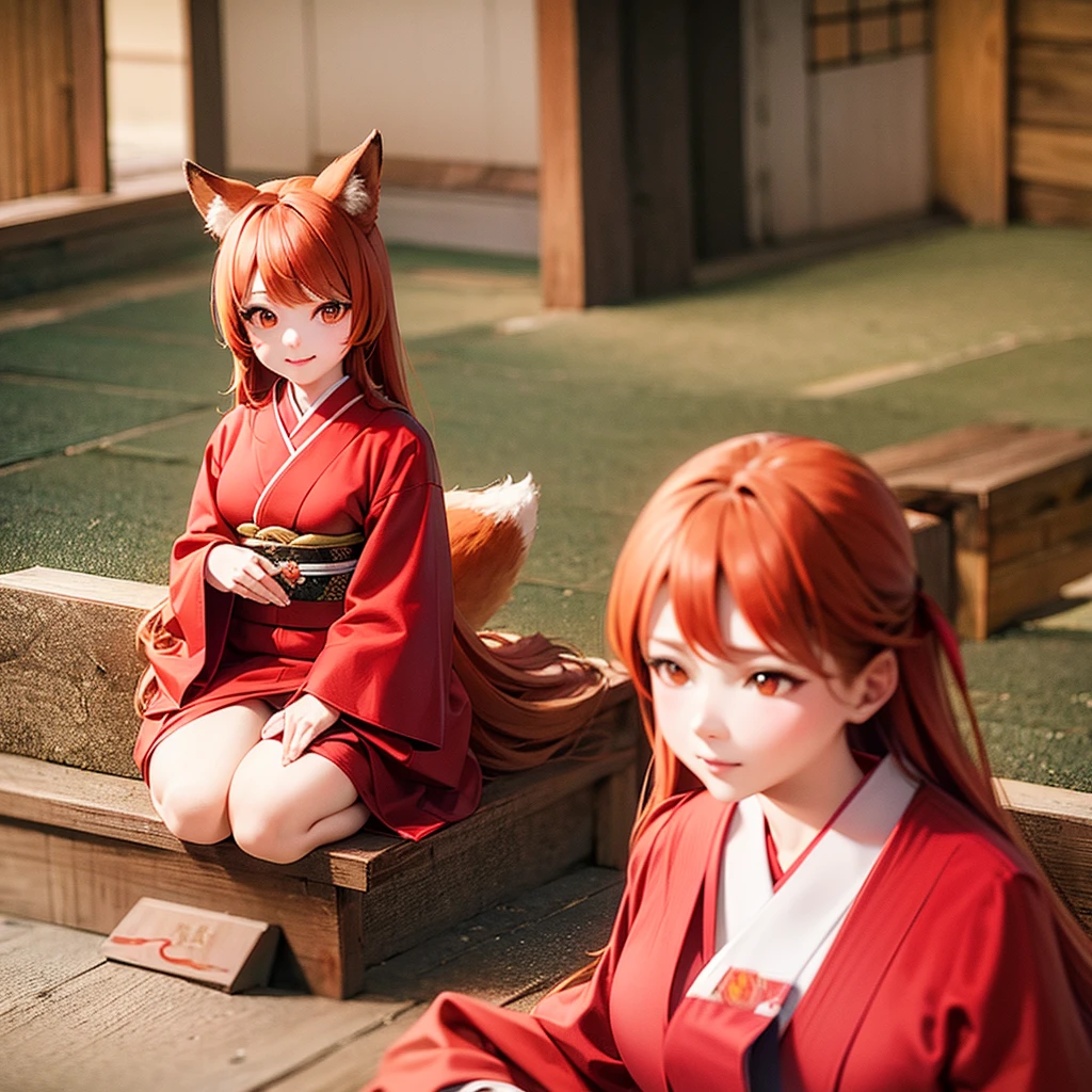 red tea hair,fox girl,small breasts,ultra quality, shy face,kimono,背が高い,火を操る