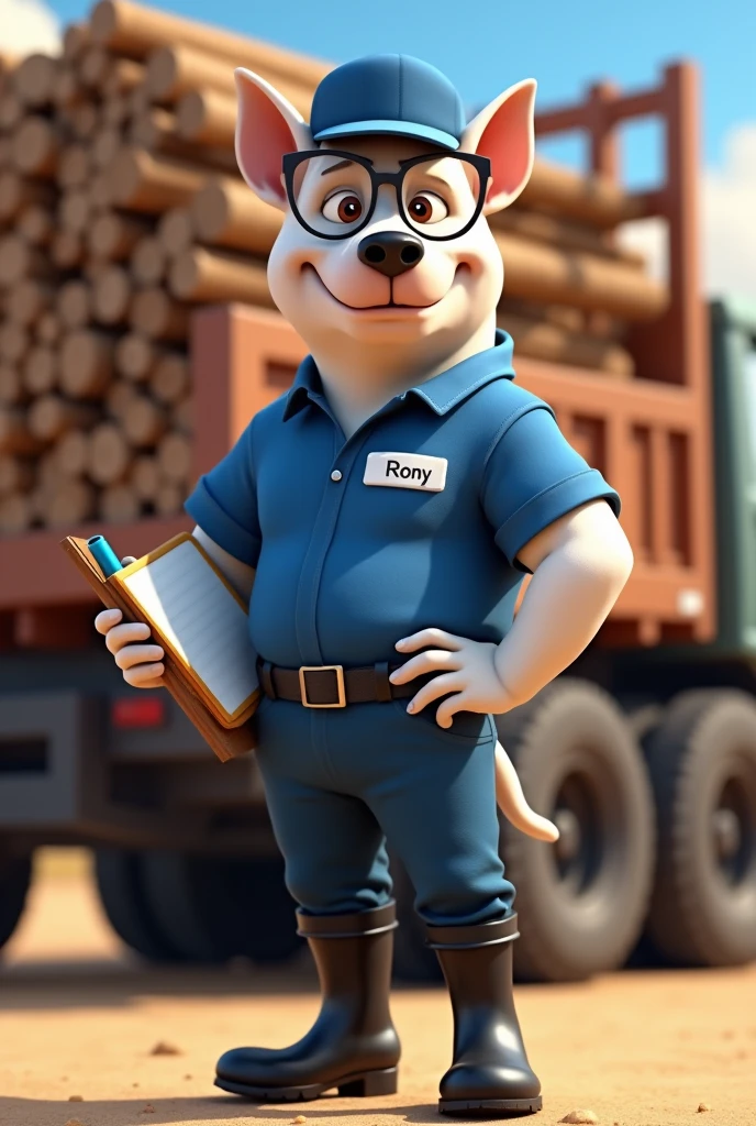 Tall white pitbull dog, Light brown eyes, transparent spectacles, blue cap, shirt blue, black pants, black boot, cracha com nome Rony, clipboard, blue pen in the other hand. Truck with wood in the background, 4K, Disney  style. 